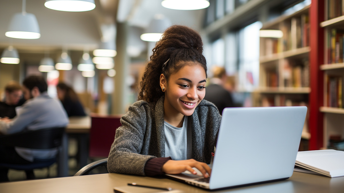 Étudiante souriante travaillant sur son laptop en bibliothèque