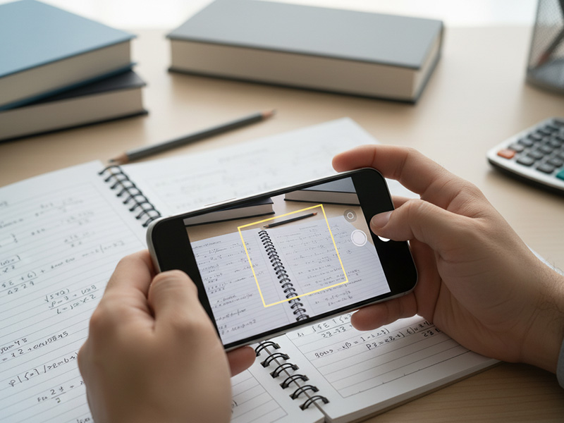 Mains tenant un smartphone qui scanne un cahier de mathématiques